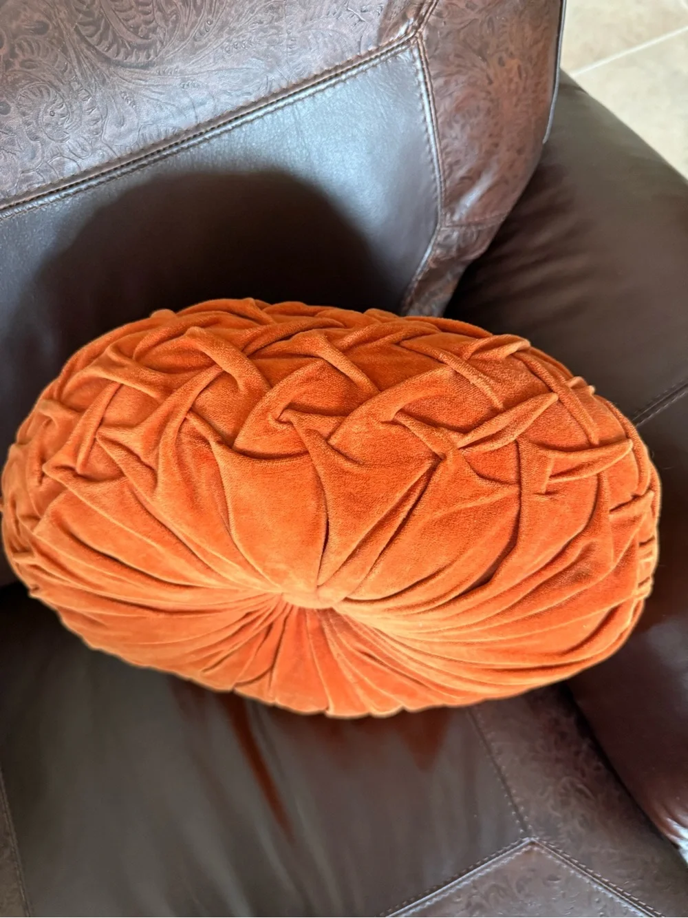 Large round vintage orange toss pillow 20”